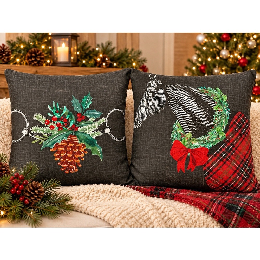 Equestrian Christmas Pillow Pair Horse Bridle Wreath Plaid Feather Inserts RR